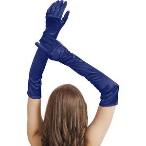 Women's Navy Blue Imported Satin Elbow Length Halloween Cosplay Opera Gloves